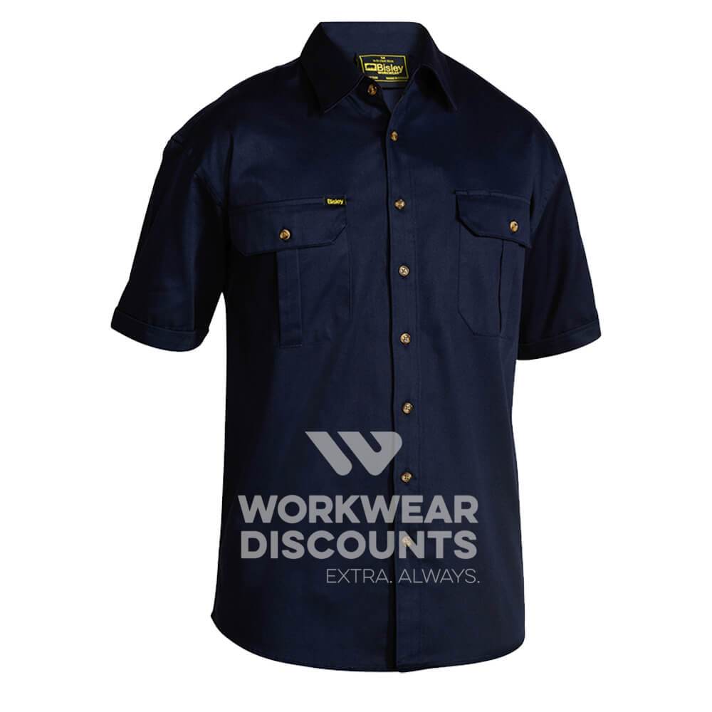 Bisley BS1433 Cotton Drill Shirt Short Sleeve Navy Front