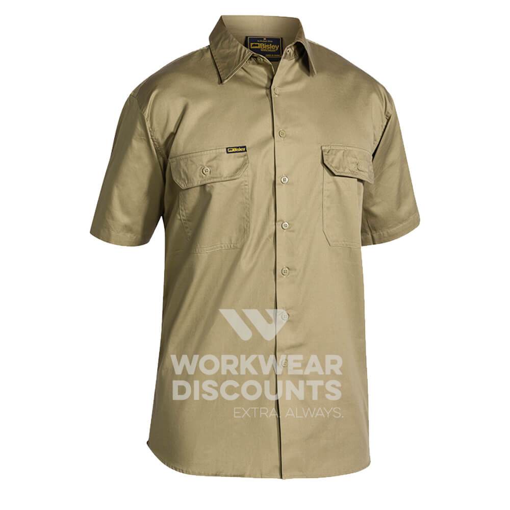 Bisley BS1893 Lightweight Cotton Drill Shirt Short Sleeve Khaki Front