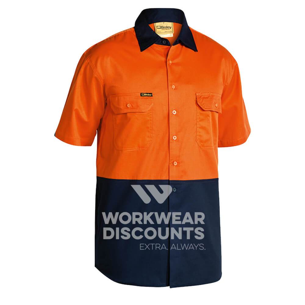 Bisley BS1895 Hi-Vis Lightweight Cotton Drill Shirt Short Sleeve Orange Navy Front