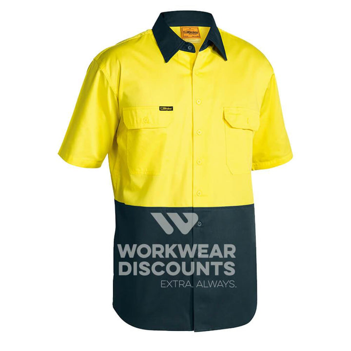 Bisley BS1895 Hi-Vis Lightweight Cotton Drill Shirt Short Sleeve Yellow Bottle Front