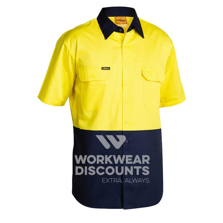 Bisley BS1895 Hi-Vis Lightweight Cotton Drill Shirt Short Sleeve Yellow Navy Front