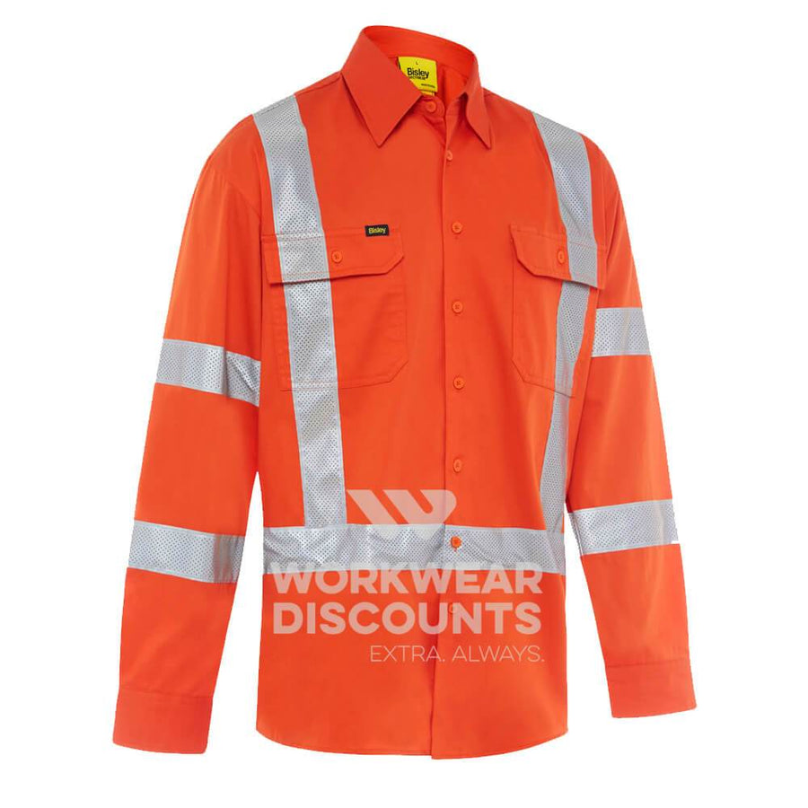 Bisley BS6166XT Hi-Vis Taped X Back Cool Lightweight Shirt Long Sleeve Orange Front