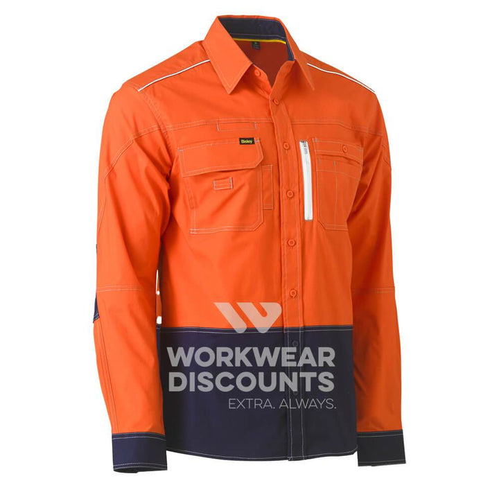 Bisley BS6177 Flex & Move Hi-Vis Utility Shirt Long Sleeve Orange Navy Front