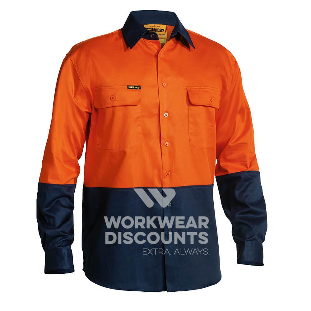 Bisley BS6267 Hi-Vis Cotton Drill Shirt Long Sleeve Orange Navy Front