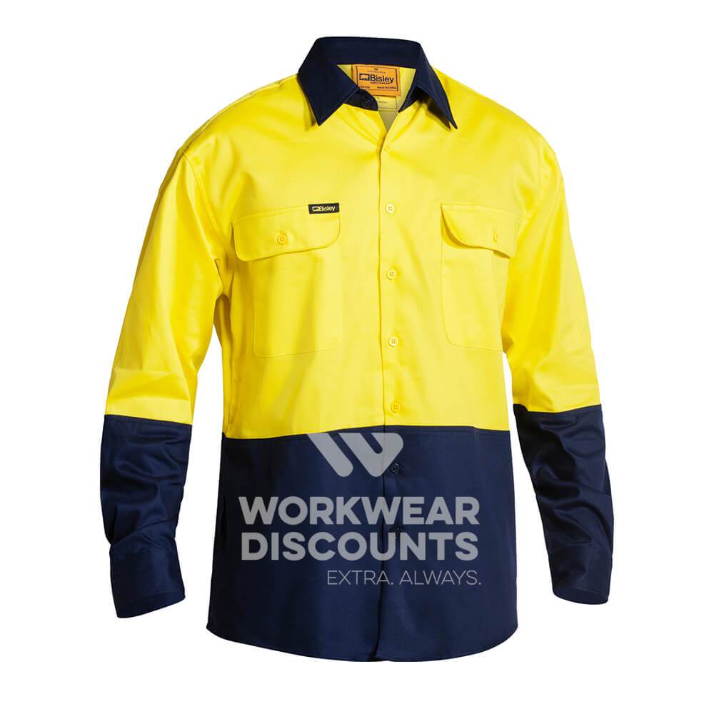Bisley BS6267 Hi-Vis Cotton Drill Shirt Long Sleeve Yellow Navy Front