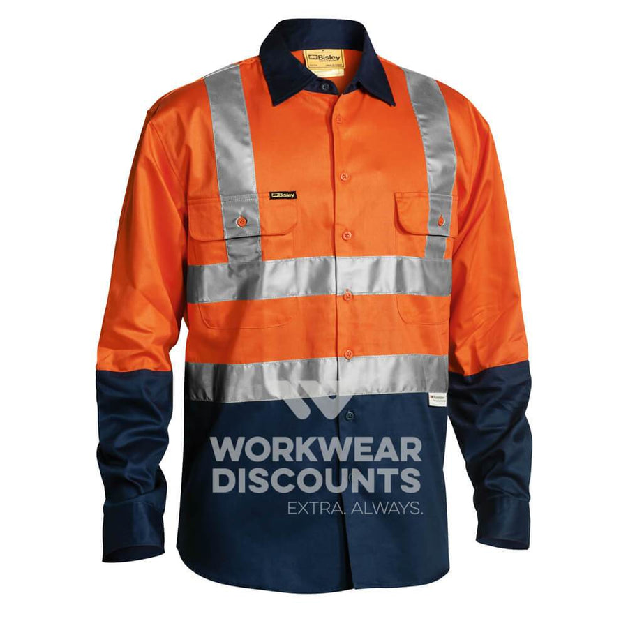 Bisley BS6267T Hi-Vis Taped Cotton Drill Shirt Long Sleeve Orange Navy Front