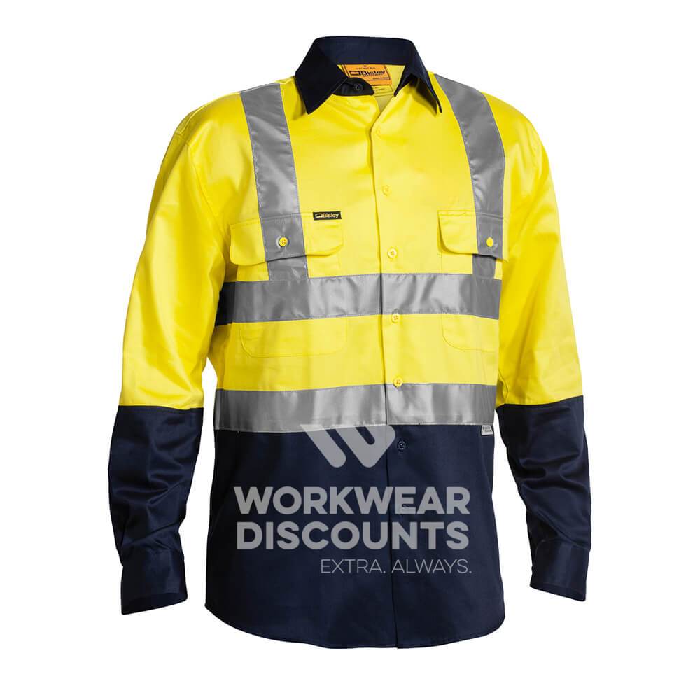 Bisley BS6267T Hi-Vis Taped Cotton Drill Shirt Long Sleeve Yellow Navy Front