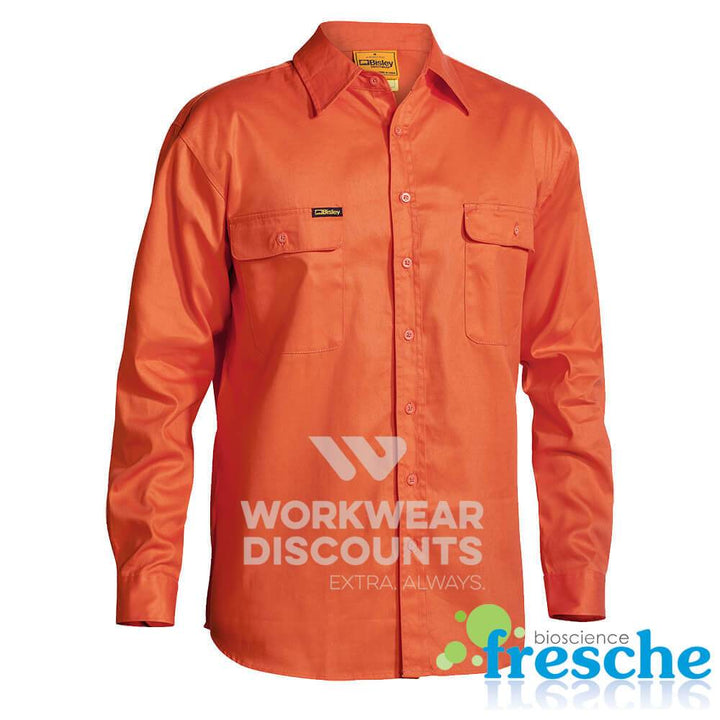 Bisley BS6339 Hi-Vis Cotton Drill Shirt Long Sleeve Orange Front