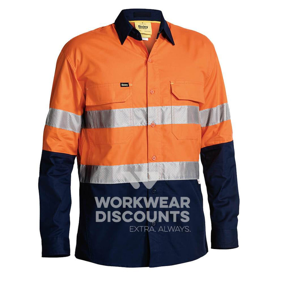 Bisley BS6415T Hi-Vis Taped X Airflow Vented Ripstop Shirt Long Sleeve Orange Navy Front