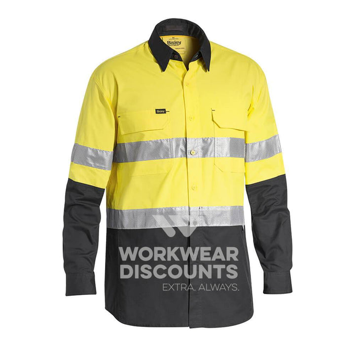 Bisley BS6415T Hi-Vis Taped X Airflow Vented Ripstop Shirt Long Sleeve Yellow Charcoal Front
