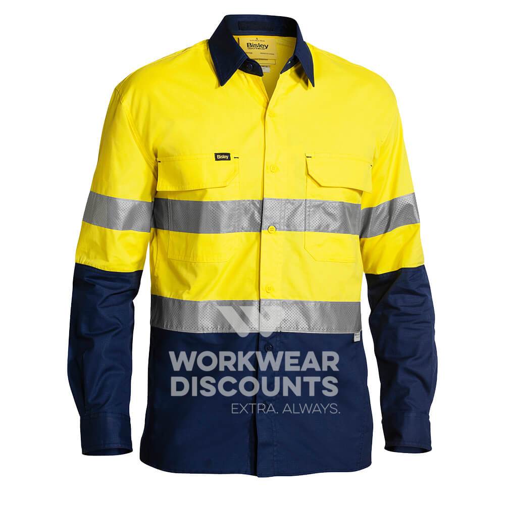 Bisley BS6415T Hi-Vis Taped X Airflow Vented Ripstop Shirt Long Sleeve Yellow Navy Front