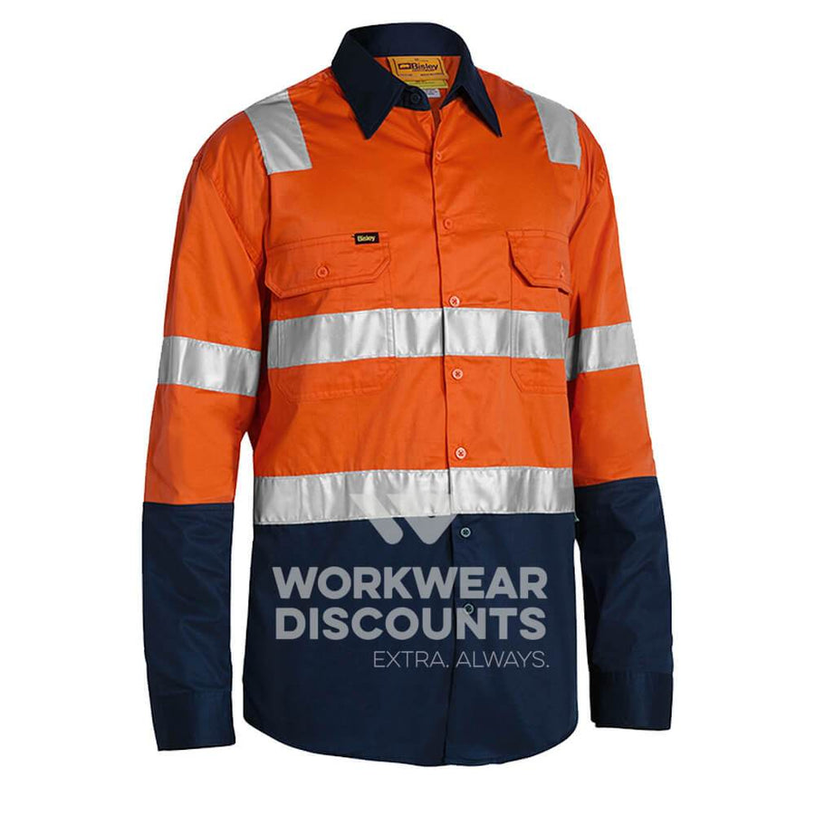 Bisley BS6432T Hi-Vis Taped Lightweight Vented Cotton Drill Shirt Long Sleeve Orange Navy Front
