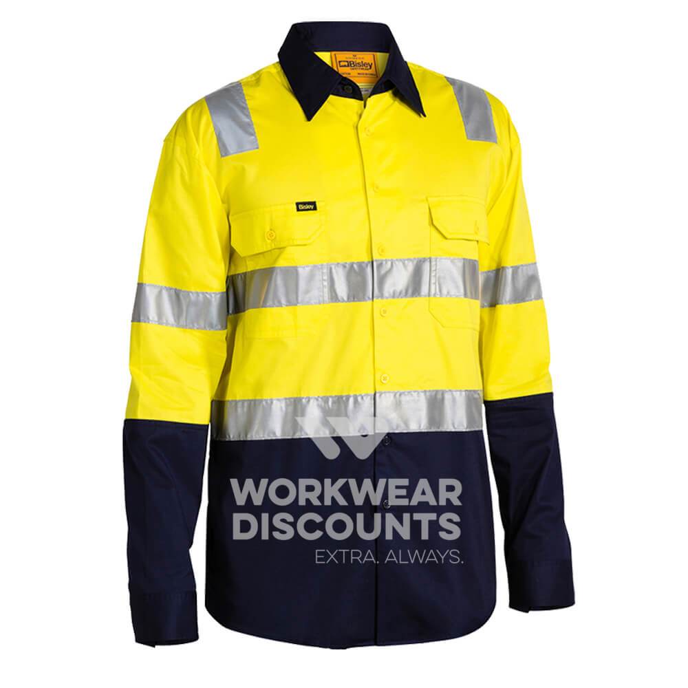 Bisley BS6432T Hi-Vis Taped Lightweight Vented Cotton Drill Shirt Long Sleeve Yellow Navy Front