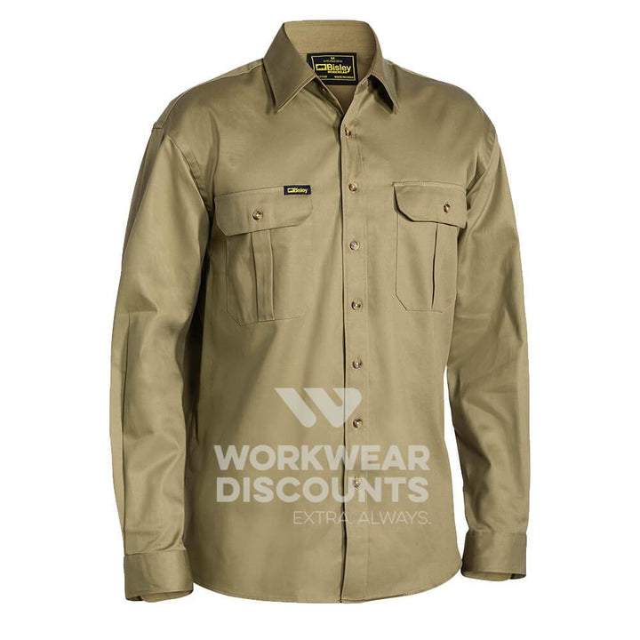 Bisley BS6433 Cotton Drill Shirt Long Sleeve Khaki Front