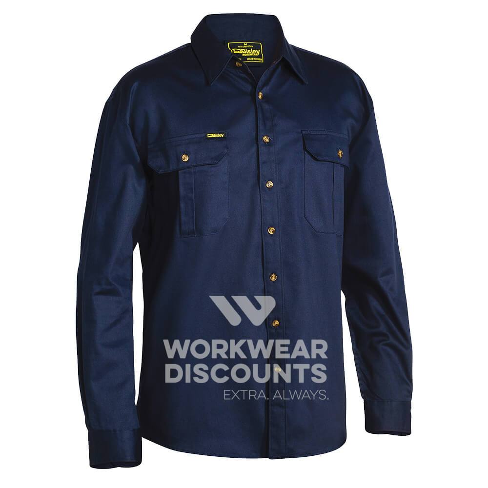 Bisley BS6433 Cotton Drill Shirt Long Sleeve Navy Front