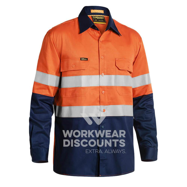 Bisley BS6448T Hi-Vis Taped Vented Cotton Drill Industrial Shirt Long Sleeve Orange Navy Front