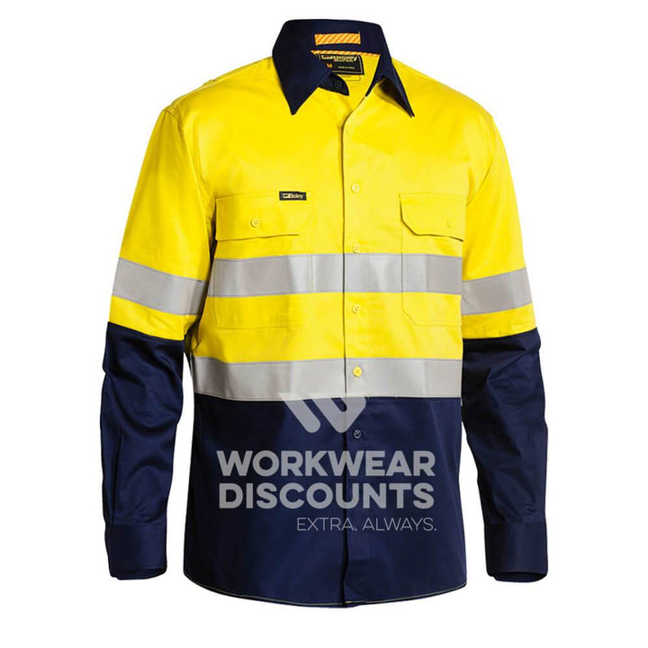 Bisley BS6448T Hi-Vis Taped Vented Cotton Drill Industrial Shirt Long Sleeve Yellow Navy Front