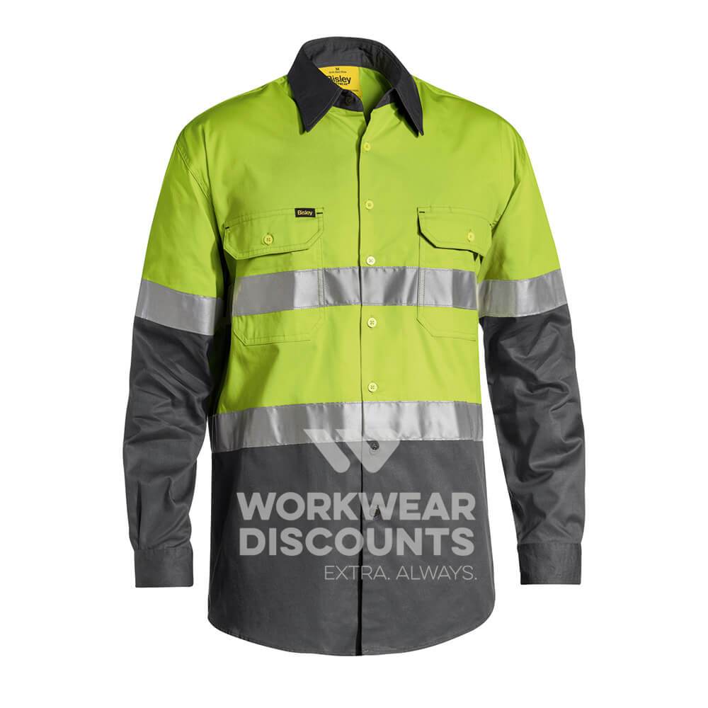 Bisley BS6696T Hi-Vis Taped Lightweight Cotton Drill Shirt Long Sleeve Lime Charcoal