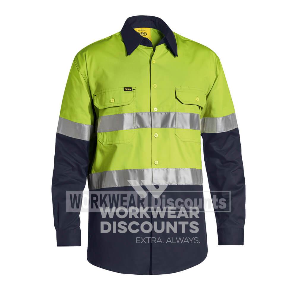 Bisley BS6696T Hi-Vis Taped Lightweight Cotton Drill Shirt Long Sleeve Lime Navy