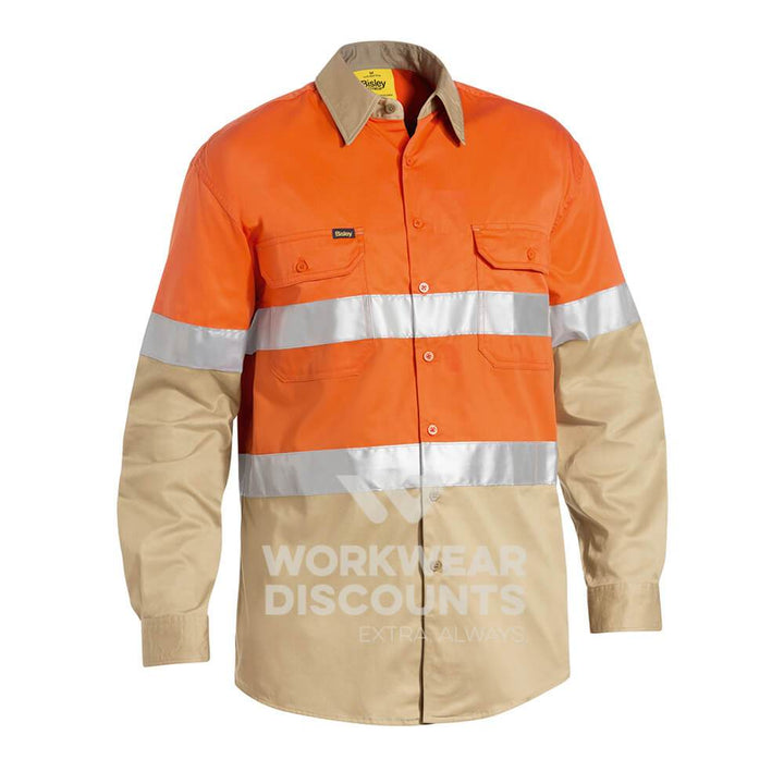 Bisley BS6696T Hi-Vis Taped Lightweight Cotton Drill Shirt Long Sleeve Orange Sand Front