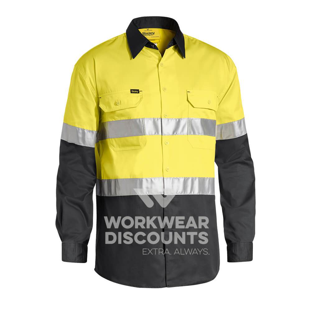 Bisley BS6696T Hi-Vis Taped Lightweight Cotton Drill Shirt Long Sleeve Yellow Charcoal Front