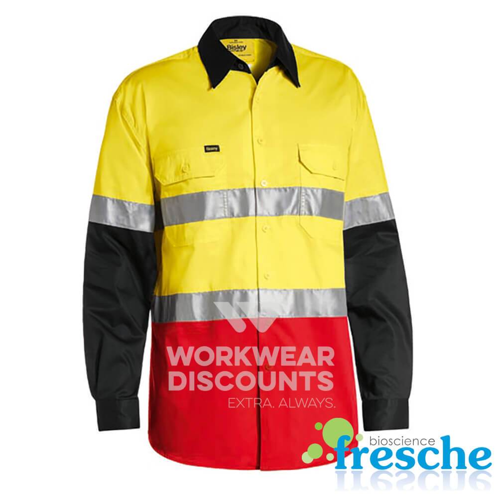 Bisley BS6697T Hi-Vis Taped Lightweight Three Tone Shirt Long Sleeve Yellow Black Red Front