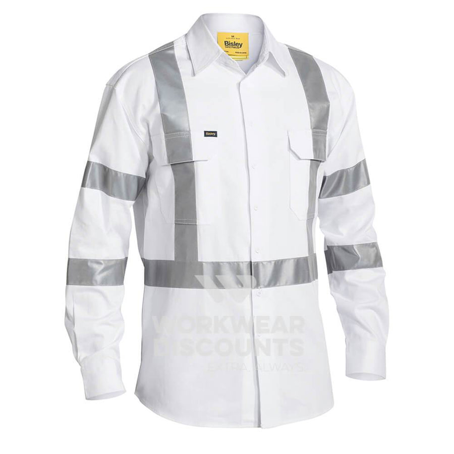 Bisley BS6807T Taped Night Work Cotton Drill Shirt Long Sleeve White Front