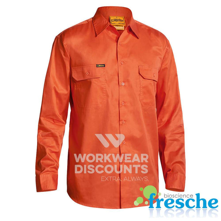 Bisley BS6894 Hi-Vis Lightweight Cotton Drill Shirt Gusset Long Sleeve Orange Front