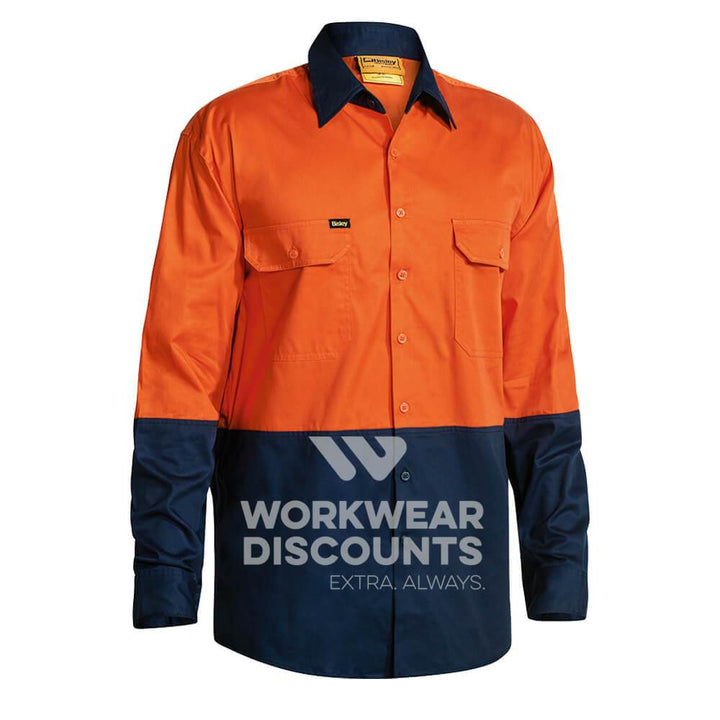 Bisley BS6895 Hi-Vis Lightweight Cotton Drill Shirt Long Sleeve Orange Navy Front