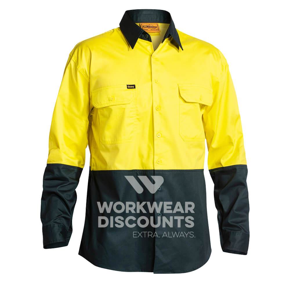 Bisley BS6895 Hi-Vis Lightweight Cotton Drill Shirt Long Sleeve Yellow Bottle Front