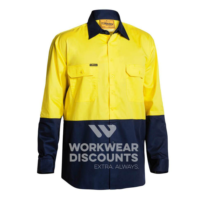 Bisley BS6895 Hi-Vis Lightweight Cotton Drill Shirt Long Sleeve Yellow Navy Front