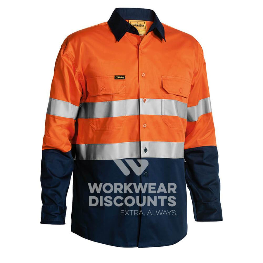 Bisley BS6896 Hi-Vis Taped Lightweight Cotton Drill Shirt Gusset Long Sleeve Orange Navy Front