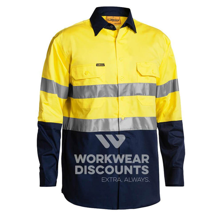 Bisley BS6896 Hi-Vis Taped Lightweight Cotton Drill Shirt Gusset Long Sleeve Yellow Navy Front