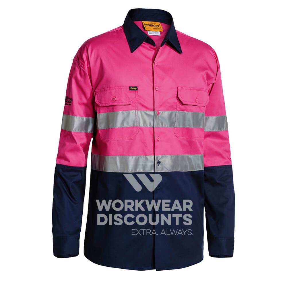 Bisley BS6896 NBCF Hi-Vis Taped Lightweight Cotton Drill Shirt Gusset Long Sleeve Pink Navy Front