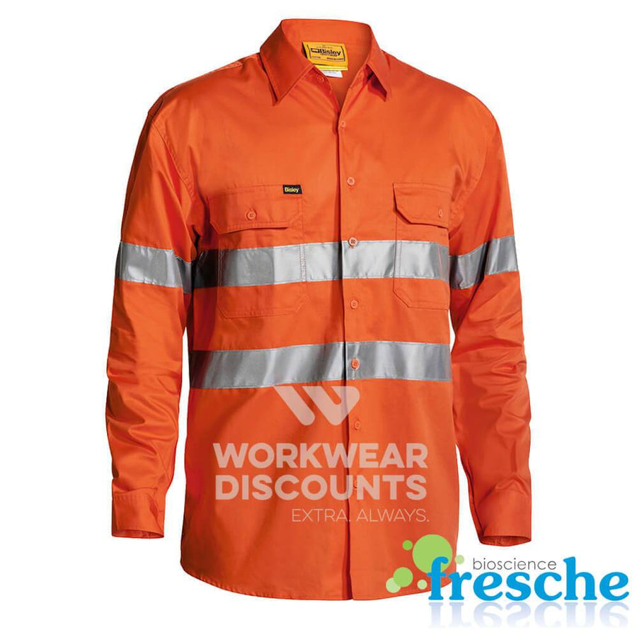 Bisley BS6897 Hi-Vis Taped Lightweight Cotton Drill Shirt Gusset Long Sleeve Orange Front