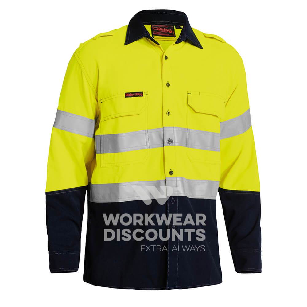 Bisley BS8082T TenCate Tecasafe Plus Two tone Hi-Vis Taped Vented FR Shirt Yellow Navy Front