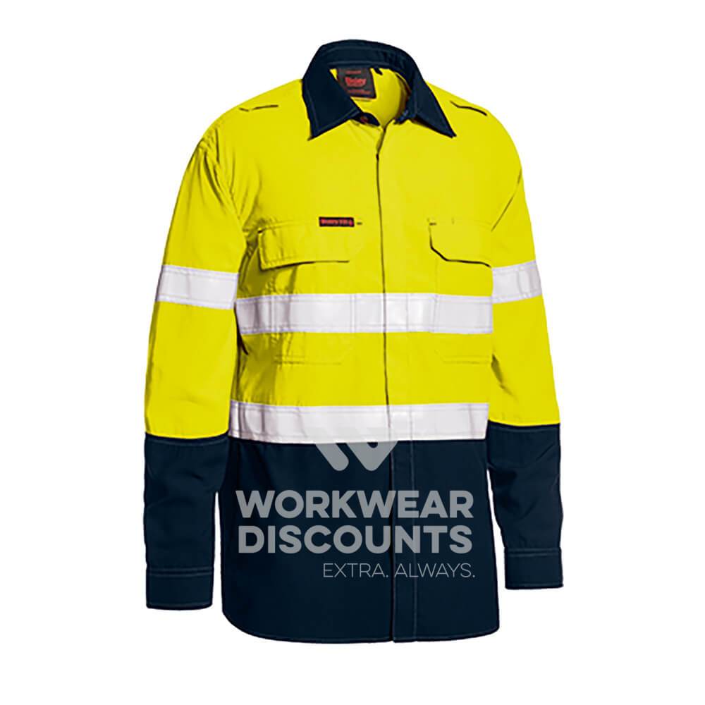 Bisley BS8237T TenCate Tecasafe Plus 480 Taped Two Tone Hi-Vis FR Lightweight Vented Shirt Long Sleeve Yellow Navy Front
