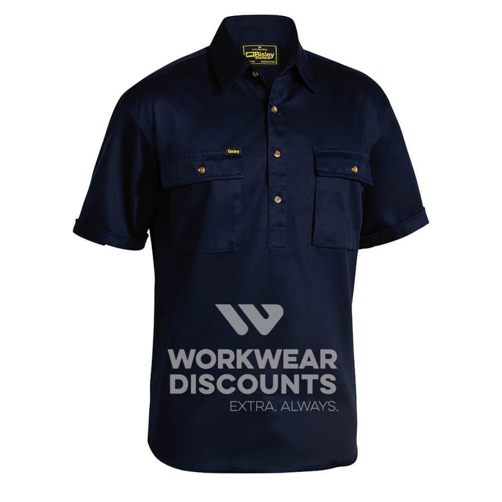 Bisley BSC1433 Closed Front Cotton Drill Shirt Short Sleeve Navy Front