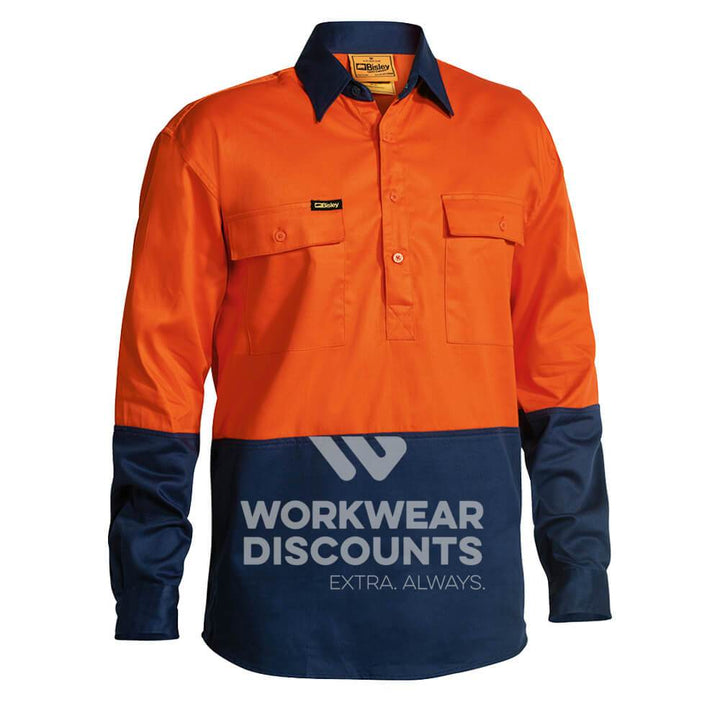 Bisley BSC6267 Hi-Vis Closed Front Cotton Drill Shirt Long Sleeve Orange Navy Front