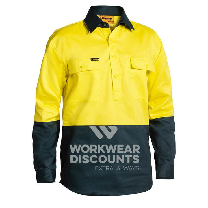 Bisley BSC6267 Hi-Vis Closed Front Cotton Drill Shirt Long Sleeve Yellow Bottle Front