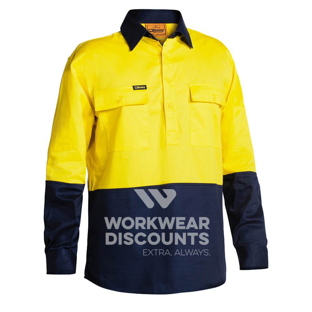 Bisley BSC6267 Hi-Vis Closed Front Cotton Drill Shirt Long Sleeve Yellow Navy Front