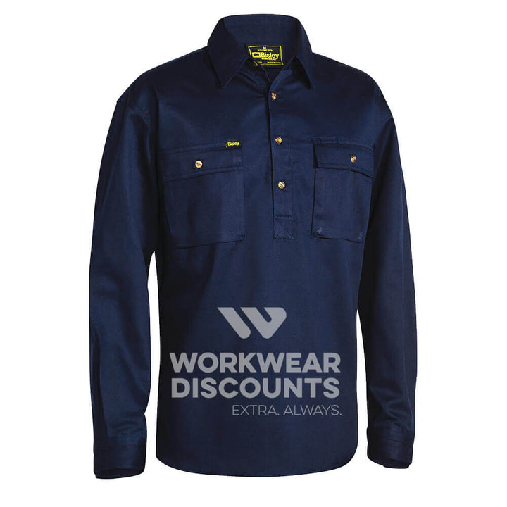 Bisley BSC6433 Closed Front Cotton Drill Shirt Long Sleeve Navy Front