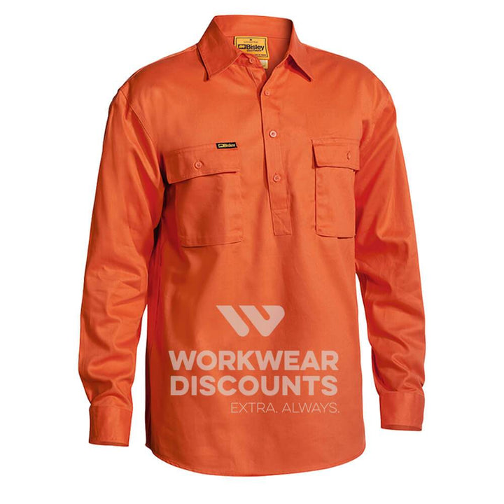 Bisley BSC6433 Closed Front Cotton Drill Shirt Long Sleeve Orange Front