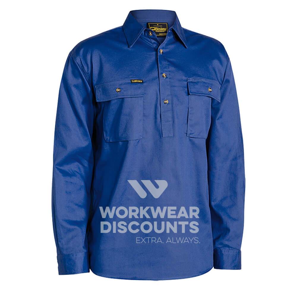 Bisley BSC6433 Closed Front Cotton Drill Shirt Long Sleeve Royal Front