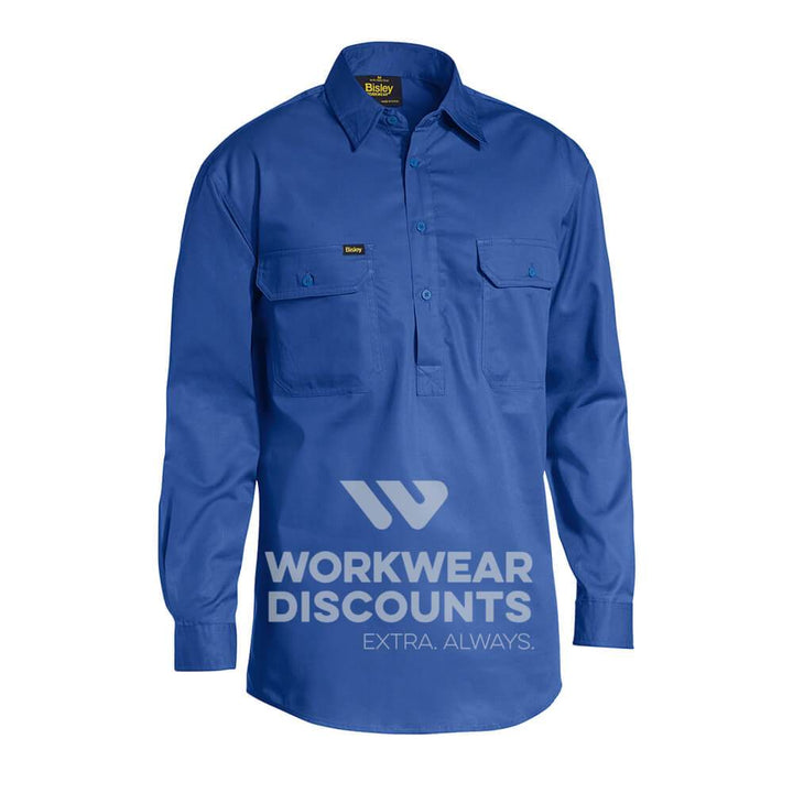 Bisley BSC6820 Lightweight Closed Front Cotton Drill Shirt Long Sleeve Royal Front