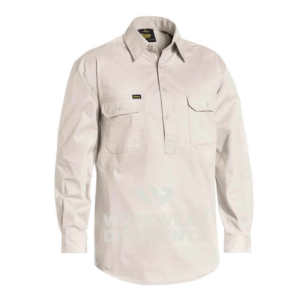 Bisley BSC6820 Lightweight Closed Front Cotton Drill Shirt Long Sleeve Sand Front