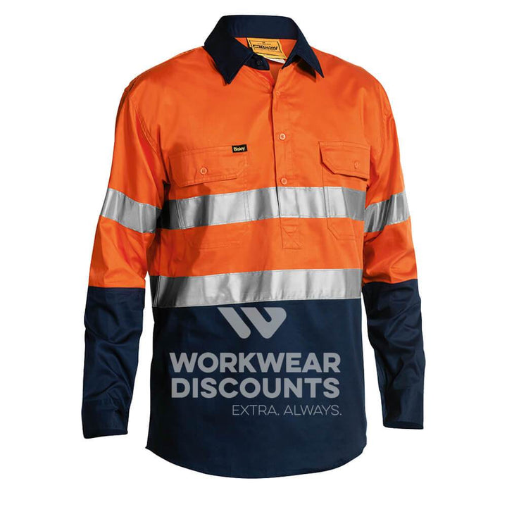 Bisley BSC6896 Hi-Vis Taped Closed Front Lightweight Cotton Drill Shirt Long Sleeve Orange Navy Front