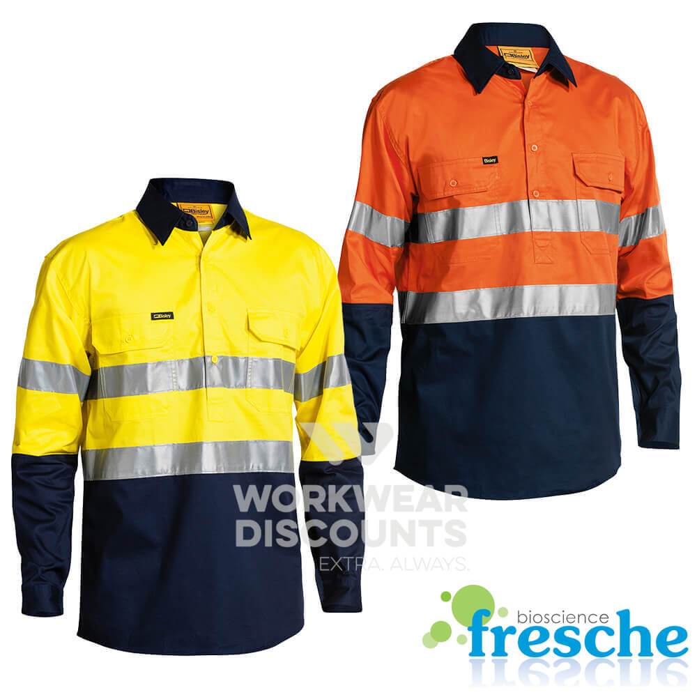 Bisley BSC6896 Hi-Vis Taped Closed Front Lightweight Cotton Drill Shirt Long Sleeve