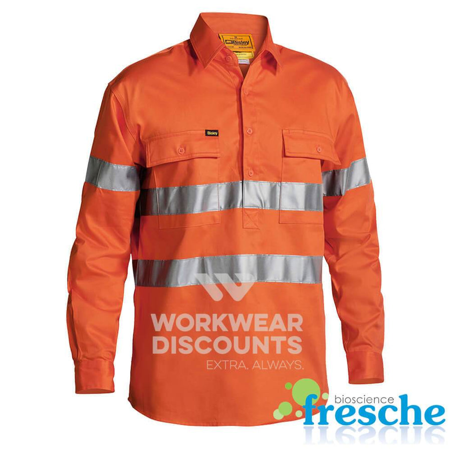 Bisley BTC6482 Hi-Vis Taped Closed Front Cotton Drill Shirt Long Sleeve Orange Front