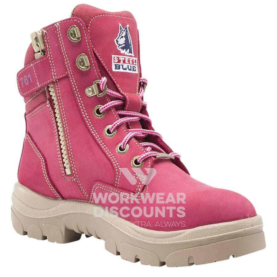 Steel Blue Southern Cross Zip Ladies Lace Up Steel Cap TPU Sole Boots Pink